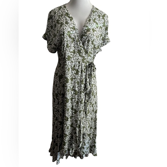 Papillon Wrap Green and White Ruffled Midi Dress S - Picture 2 of 16